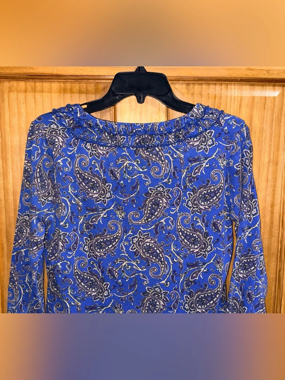 Jones New York Sport Royal Blue Paisley Ruffle-Neck Blouse-M-EC